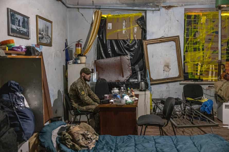 A Ukrainian military medic sits in his room at a frontline field hospital near Popasna, Luhansk region, eastern Ukraine.