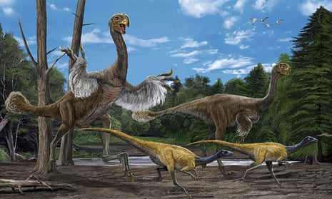 A reconstruction of 8m long Oviraptorosaur, Gigantoraptor and other avian and non-avian dinosaurs, which feature in the Dinosaur of China exhibition at the Nottingham Natural History Museum. 
