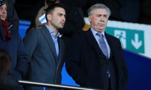 New Everton manager Carlo Ancelotti (right) watched Everton’s draw with Arsenal from the stands.