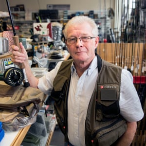 Howard Thresher at his fly fishing shop in Crediton.