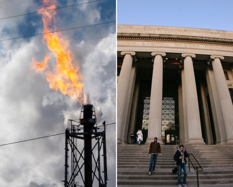 Split image: an industrial gas flare burns beside MIT's columned entrance with people on the steps