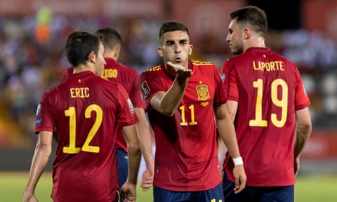Ferran Torres blows a kiss after scoring Spain's third goal against Georgia in a World Cup qualification match