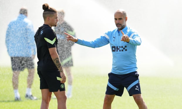 Pep Guardiola, with Kalvin Phillips in training, says he wants ‘to watch the team on the touchline and say: I like it’.