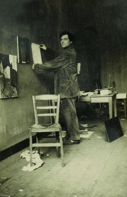 Modigliani in his studio, photographed by Paul Guillaume, c1915.