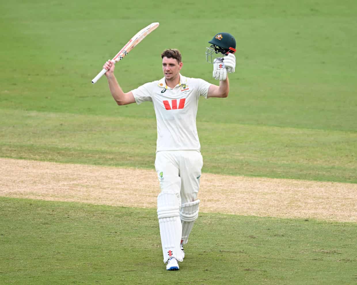 Cameron Green celebrates scoring a century for Australia against Bangladesh in Darwin