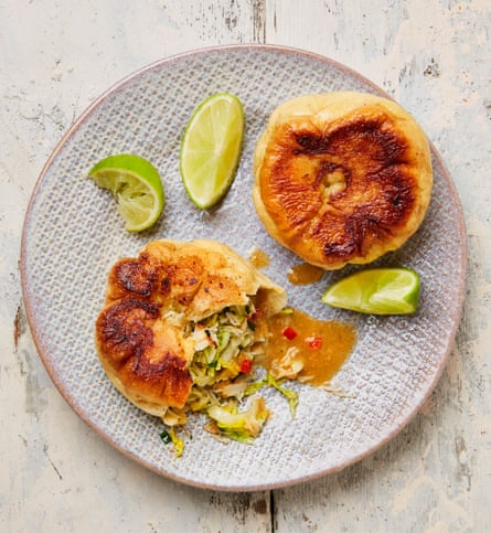 Yotam Ottolenghi cabbage and white crab buns with brown crab caramel.