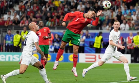 Cristiano Ronaldo misses a header during Portugal’s last-16 win over Slovenia on Monday
