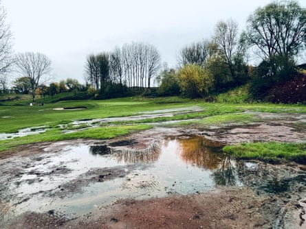 A muddy, discoloured area on the golf course