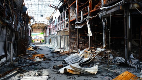 A view yesterday of the completely destroyed and burnt-out local bazaar buildings in Kharkiv.