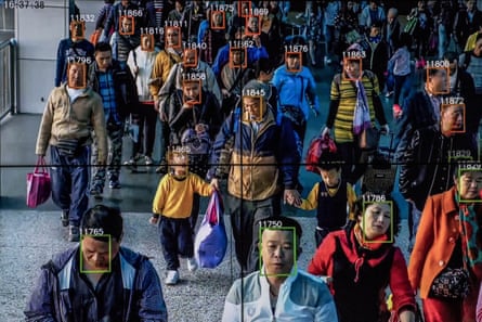 monitor demonstrating facial recognition software by megvii on people in a street in china