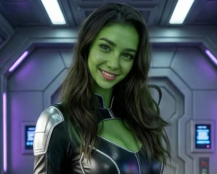 An AI generated woman with green skin dressed in a space suit.