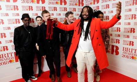 Gorillaz, winner of the best British band award in the Brit awards winners’ room.