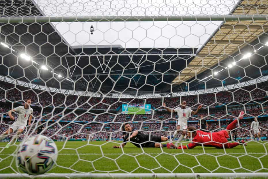 Raheem Sterling scores the 1st England goal during the England v Germany Euro 2020 round of 16 match at Wembley Stadium on June 29th 2021.