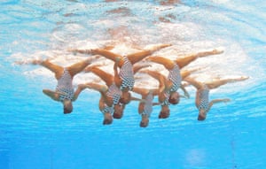 Budapest, Hungary The Ukrainian team competes in the Women’s Team synchronised free event at the 17th FINA World Championships