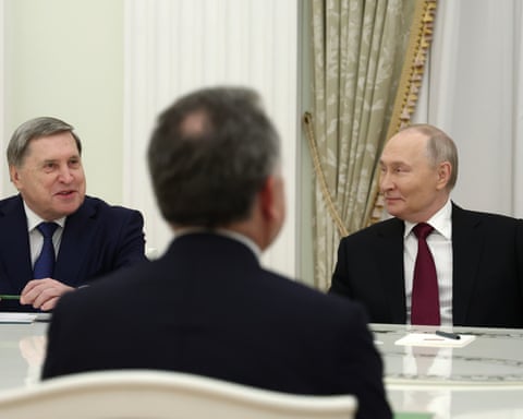 US special envoy Steve Witkoff in talks with Vladimir Putin, right, and Russian foreign policy adviser Yuri Ushakov, left, in the Kremlin on 2 December 2025.