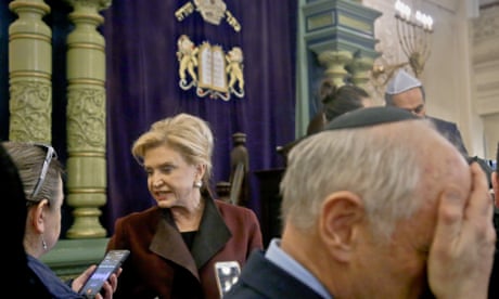 Representative Carolyn Maloney speaks after a news conference to address bomb treats against Jewish organizations. An Israeli teenager is accused of falsely making many such threats.