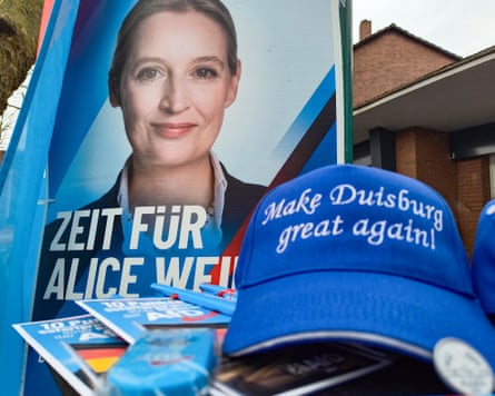 A poster of the Alternative for Germany’s (AfD) co-leader, Alice Weidel, is seen behind a ‘Make Duisburg great again’ cap.