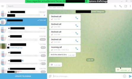 Team Jorge demonstration of live infiltration of Telegram. Screenshot showing message