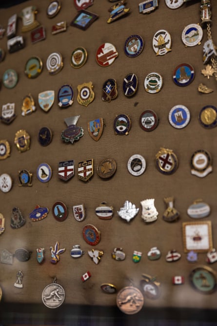 A collection of enamel badges from curling competitions and tournaments at Maniototo Adventure Park in Naseby.