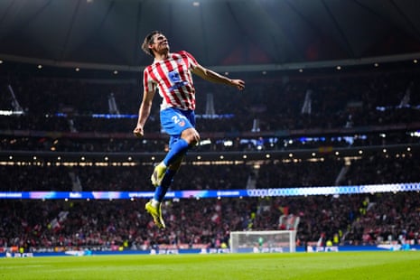Atletico Madrid's Robin Le Normand celebrates after scoring his side's fourth goal.