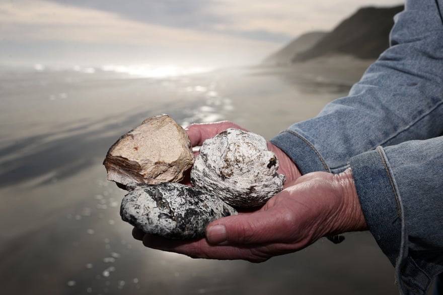 Hands holding three pieces of ambergris with a beach in the background