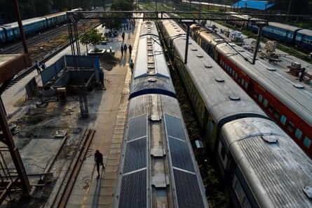 Solar panels added to a train roof in New Delhi aim to reduce carbon emissions and modernise India’s vast colonial-era rail network