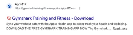 A fake website that claims to offer a training app from Gymshark