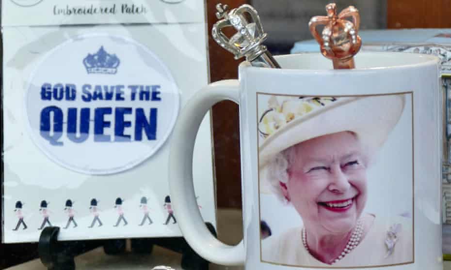 Queen Elizabeth memorabilia in a shop window in Windsor, Berkshire.