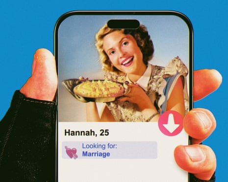 Graphic illustration of mobile dating app profile, with old-timey woman holding up pie, with text that says "Hannah, 25 - Looking for: Marriage"