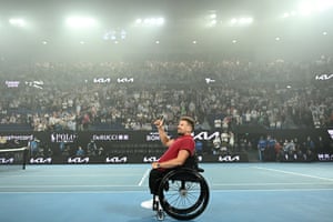 The career of Dylan Alcott is celebrated on Rod Laver Arena ahead of the men’s sngles semi-final between Stefanos Tsitsipas and Daniil Medvedev.