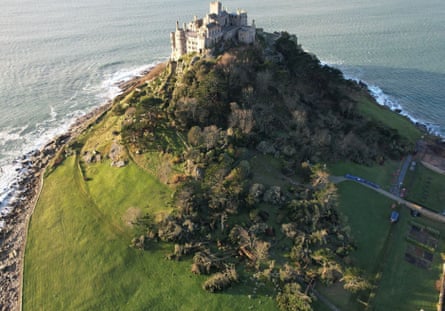 Drone view of fallen trees on the slope of St Michael's Mount