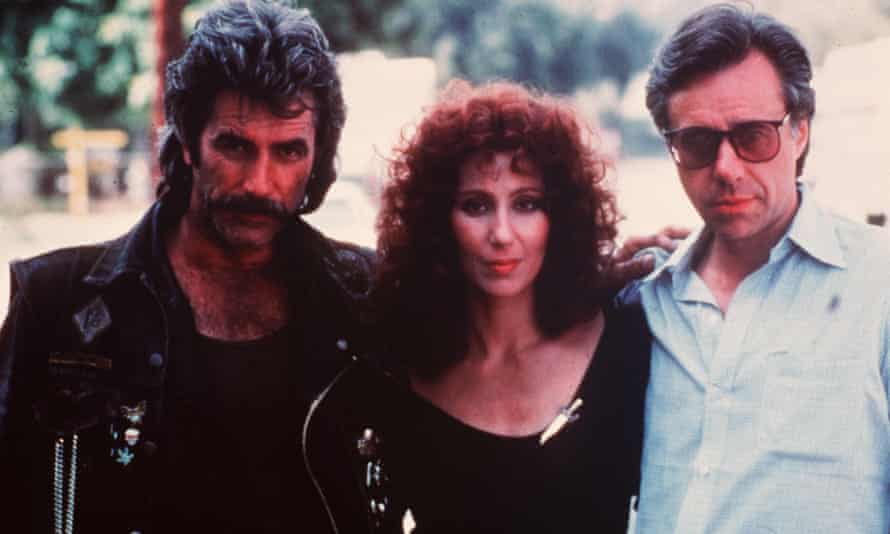 Sam Elliott, Cher, and Peter Bogdanovich on the set of Mask.