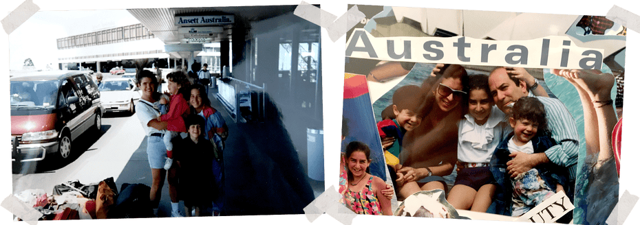 Left: Me, Natalie, and Josh with Misty, a teacher from our elementary school, who came with us on the family trip to Australia over winter break, December 1993. Right: Part of a collage made by Mom with a photo of the five of us: Mom, Dad, Josh, Natalie and me in Sydney, Australia, December 1993.