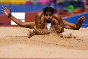 Ancy Sojan Edappilly of India competes in the women’s long jump heats.