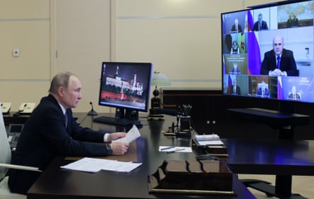 Vladimir Putin attending a virtual cabinet meeting at Novo-Ogaryovo, a Russian government residence outside Moscow.