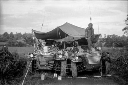 Jimmy Cauty of the KLF with his two Saracen armoured cars at the Fairmile road protests in Devon, 1994.