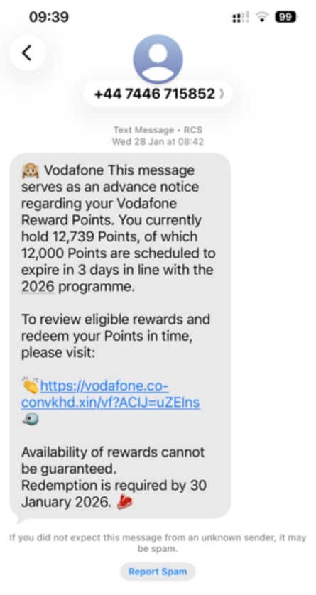 A screen grab of a fake rewards scheme text message, purportedly from Vodafone, saying your 12,739 bonus points in your account are due to expire.
