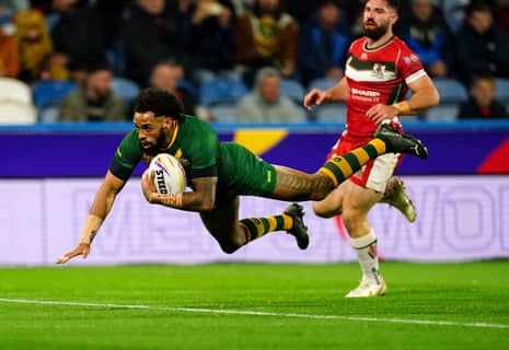 Australia's Josh Addo-Carr dives over the line to score his, and Australia’s, second try of the night.