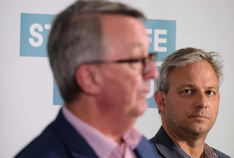 Victorian health minister Martin Foley (left) and Victorian chief health officer Brett Sutton address the media on Tuesday.