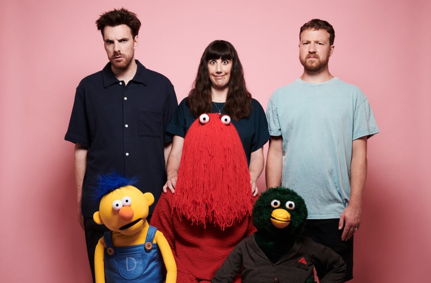 The makers of the show (from left) Joseph Pelling, Becky Sloan and Baker Terry with Yellow Guy, Red Guy and Duck.