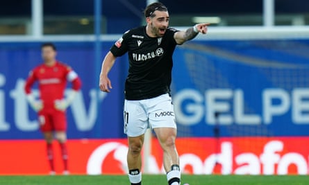 Jota Silva celebrates after scoring for Vitória this month.