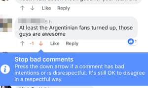 A screen grab from a Facebook page showing the new downvote or dislike feature on the comments section. 