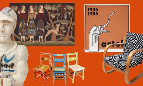 Clockwise from left, Last Chance Saloon sculputre (HM Prison Humber), Song of the Woods tapestry by Chrissie Freeth, Artek 50th Anniversary Poster by Ben af Schultén, Artek armchair 402 by Alvar Aalto, Crafted chairs 