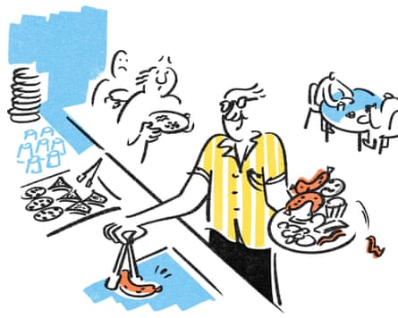 An illustration of a man piling up his plate and taking the last sausage at a hotel buffet while others wait behind him.
