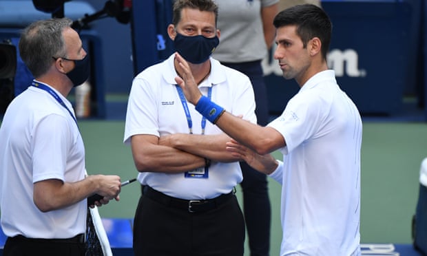 Novak Djokovic argues his case with officials but to no avail at Flushing Meadow.