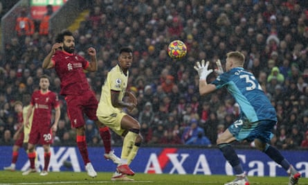 Mohamed Salah in action against Arsenal’s Gabriel Magalhaes and Aaron Ramsdale during the Premier League match between Liverpool and Arsenal in November 2021