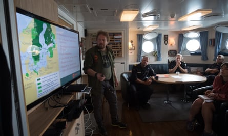 Onboard the Swedish coastguard vessel KBV 031 anchored in the Baltic Sea. Jim Hansson, a marine archeologist with Stockholm’s VRAK Museum, explains the day’s mission to inspect the site of the Bodekull wreck