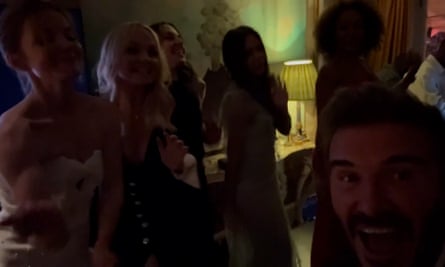 Spice Girls reunite to sing Stop at Posh’s 50th birthday party.