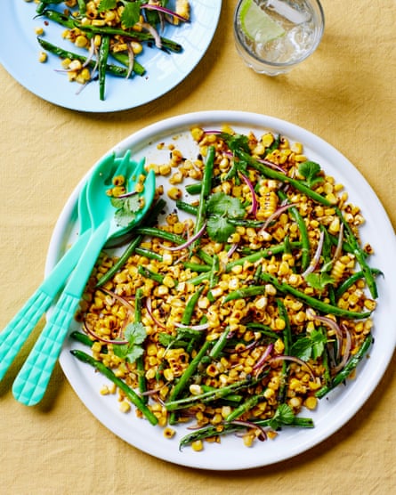 Charred sweetcorn and green bean salad.
