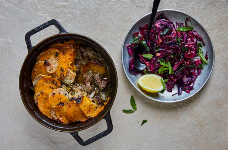 Jasmine Hemsley’s finely balanced pink pepper lamb hotpot with sautéed red cabbage and mint
